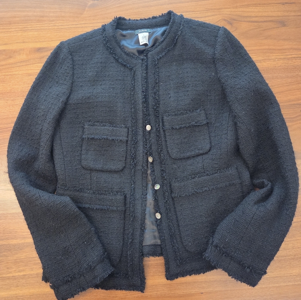 Vintage J.Crew Fringe Tweed Lady Jacket Black Bouclé | Size 6 - Picture 4 of 10